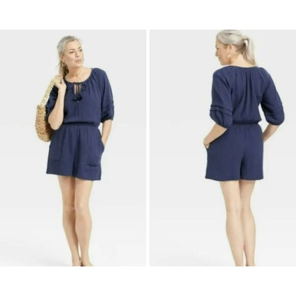 Knox Rose Romper Women's Sz M Navy Blue Lace Up Keyhole Puff Sleeve Smock Waist - Picture 2 of 14